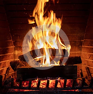 Fireplace, fire burning, cozy warm fireside, christmas home photo