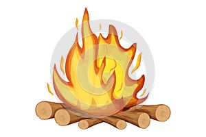 Fireplace, fire with wooden tree sticks,twigs in cartoon style isolated on white background. Outdoor activity, campfire