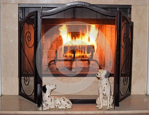 Fireplace flames at home on a winter day