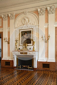 Fireplace at Great dining room inside castle of Lubomirski in Lancut. Poland
