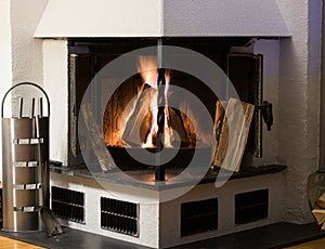 Fireplace inside home burning wood