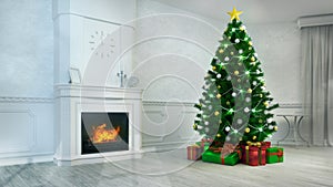 Fireplace interior with decorated christmas tree at daylight angle view