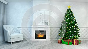 Fireplace interior with decorated christmas tree at daylight front view