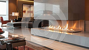 The fireplace with its gl and modern aesthetic serves as a stylish and functional addition to the sleek and photo