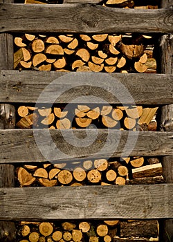 Fireplace logs background. Winter heap