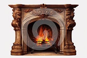 Fireplace Mantel With Fire On Isolated Tansparent Background