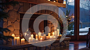 The fireplace mantle is adorned with tastefully arranged s of candles adding to the ambiance and creating a cozy photo