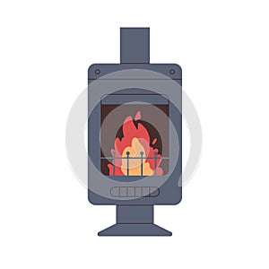 Fireplace, metal fireside. Warm hot fire place, side with burning flames, blaze behind grate. Cozy home furnace, hearth