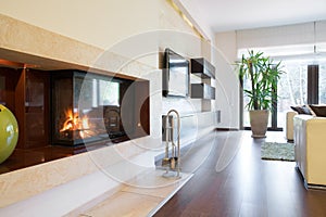 Fireplace at modern apartment