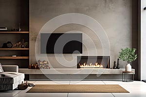 Fireplace in room with concrete wall. Loft minimalist style home interior design of modern living room with tv