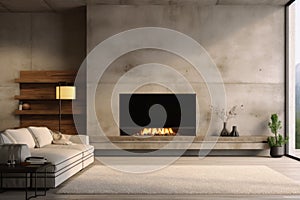 Fireplace in room with concrete wall. Loft minimalist style home interior design of modern living room with tv