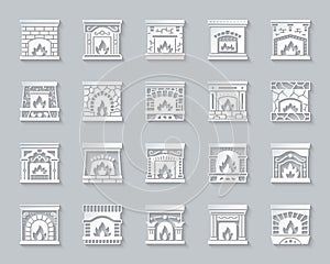 Fireplace simple paper cut icons fire vector set