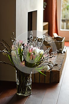 Fireplace with springflowers