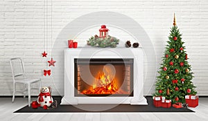 Fireplace surrounded by Christmas and New Year decorations