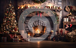 Fireplace Surrounded, decorated Christmas tree and gift