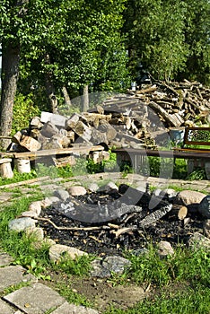 Fireplace surrounded by stone