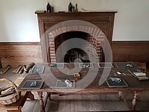 fireplace and table with slate or chalkboards