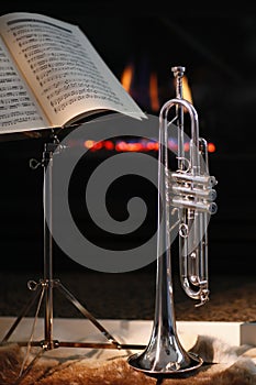 Fireplace, trumpet, music