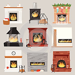 Fireplace vector warm fire place in interior of home on Christmas in winter to heat house illustration set of burning