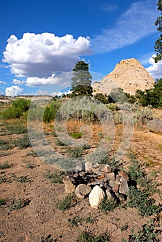 Fireplace and a view of rock formations in the Grand staircase escalante national monument, Utah, USA