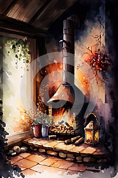 Fireplace in the village. Watercolor painting. Digital illustration.