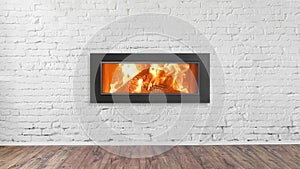 Fireplace on white brick wall in bright empty living room interior of house