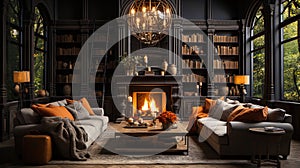 A fireplace zone in a home library with soft chairs for comf