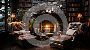 A fireplace zone in a home library with soft chairs for comfo