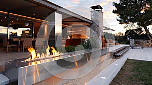 The fireplaces sleek stainless steel exterior contrasts beautifully against the warm fiery flames within. 2d flat photo