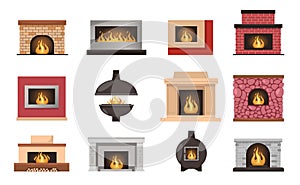 Fireplaces. Warm cozy house interior decoration stove with firewood flames, home comfort recreation zone made of bricks