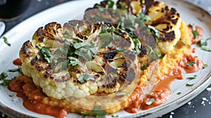 Fireroasted cauliflower steaks on a bed of creamy polenta drizzled with a smoky red pepper coulis. The charred edges of photo