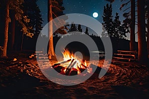 Camp fire or bonfire in the moonlight.