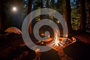 Camp fire or bonfire in the moonlight.
