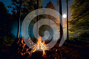 Camp fire or bonfire in the moonlight.