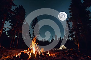 Camp fire or bonfire in the moonlight.