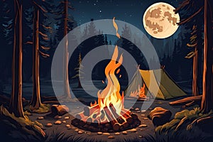 Camp fire or bonfire in the moonlight.