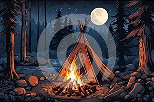 Camp fire or bonfire in the moonlight.