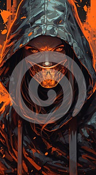 Fires of Mystery: Portrait of a Hooded Girl with Fiery Gaze and Mask