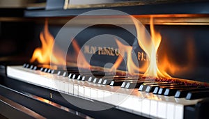 Fires on the piano, a piano burning with a bright flame. Piano on fire, slow motion
