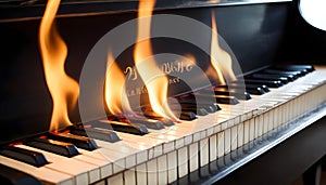 Fires on the piano, a piano burning with a bright flame. Piano on fire, slow motion