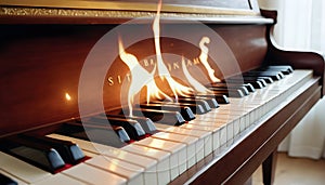 Fires on the piano, a piano burning with a bright flame. Piano on fire, slow motion