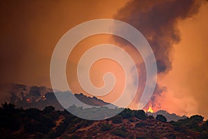 Fires and smoke in US air. Black smoke and orange sky due to fires in California. American fires threaten nature and