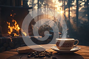 Fireside delight Coffee on a wooden table in a winter forest