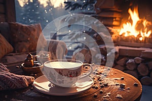 Fireside delight Coffee on a wooden table in a winter forest