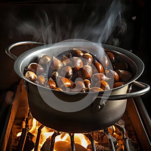 Fireside Elegance: Chestnuts Roasting on an Antique Cast-Iron Kettle