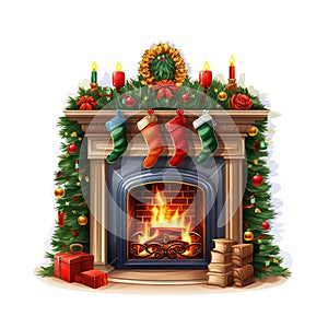 Fireside Magic: Christmas Fireplace Illustration Clipart Isolated on White Background