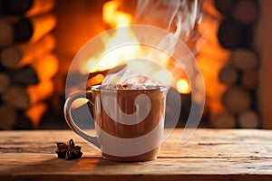 Fireside relaxation, Hot drink in a mitten-decorated mug by the warm fireplace