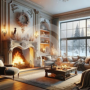 Fireside Serenity: Cozy Interior Overlooking Winter Wonderland