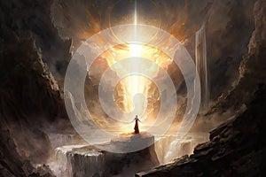 Firestarter. Silhouette of figure using magic to raise wall of fire. Biblical illustration of hellfire. Heavens opening