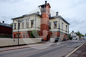 Firestation and the tower in the center of Porvoo city. Finland. Autumn.